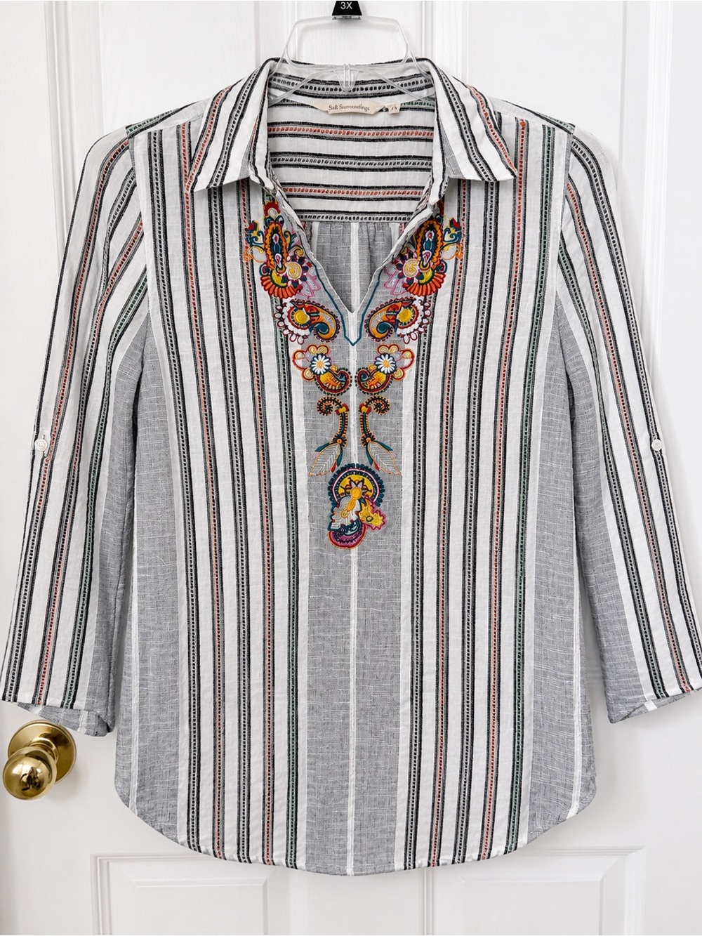 Soft Surroundings Gray and White Striped Embroidered V-Neck Tunic